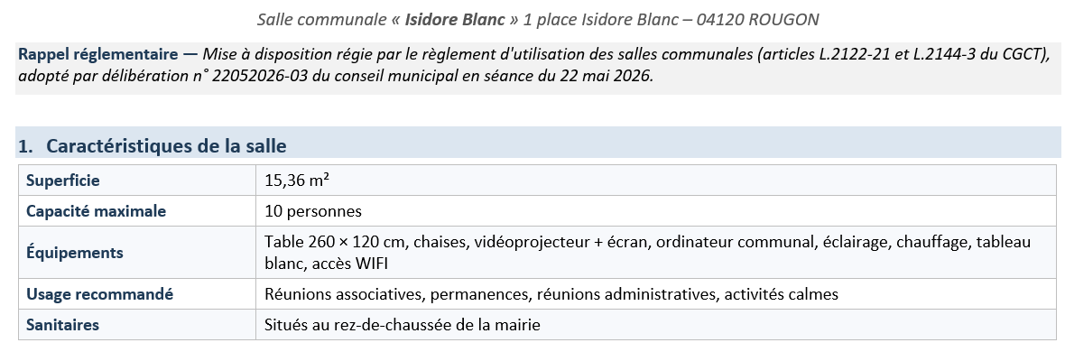 Caractéristique salle Isidore Blanc