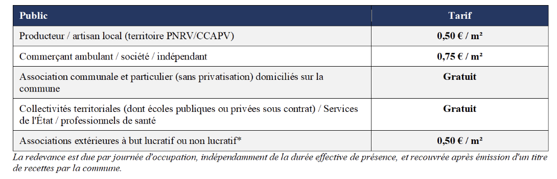 Grille tarifaire espace et biens publics