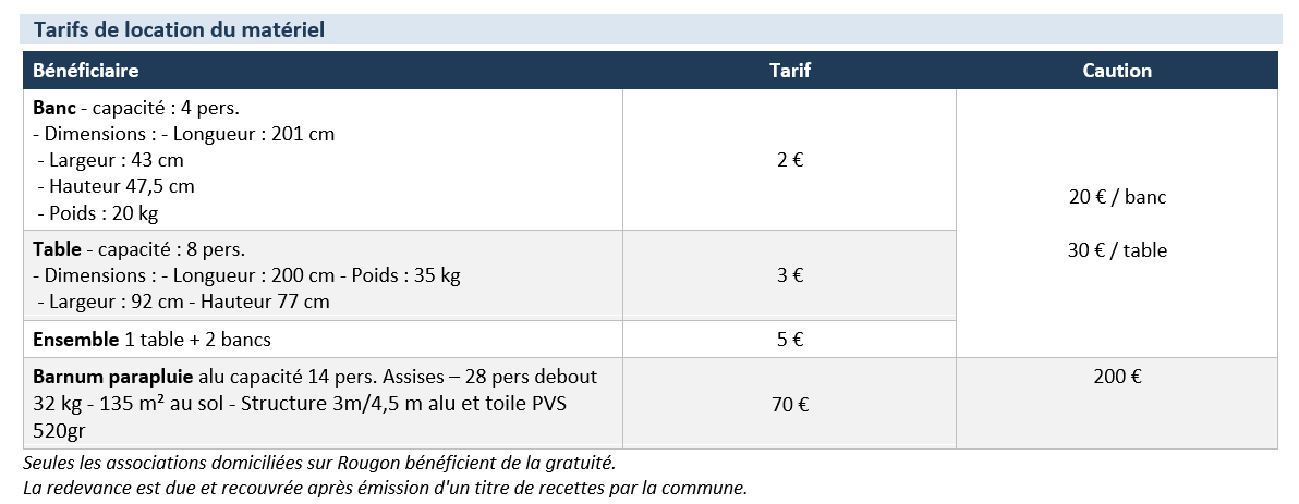 Tarif banc et table barnum