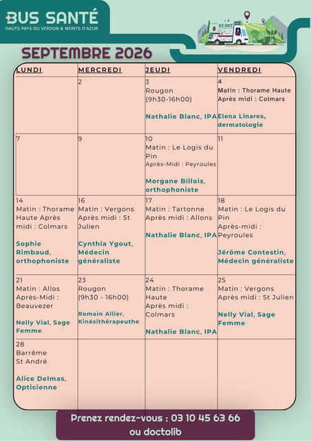  Planning du Bus Santé pour le mois de septembre